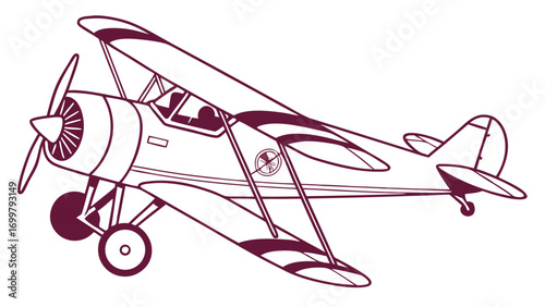 Vintage biplane aircraft illustration in outline style.