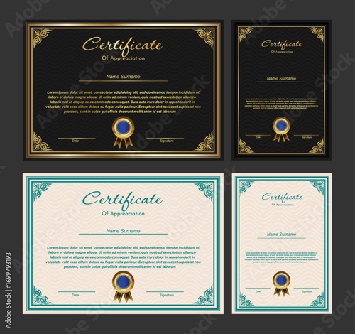 Award Certificate Design with black and cream background as options and gold frame.  Vector Illustration