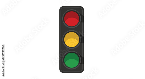 Minimalist depiction of a traffic signal with illuminated red yellow and green lights suggesting guidance control and automation on roads and avenues