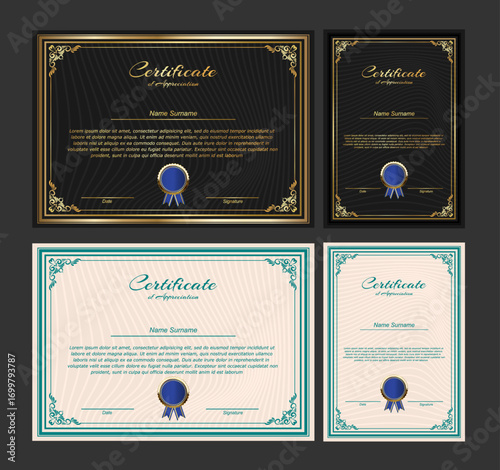Award Certificate Design with black and cream background as options and gold frame.  Vector Illustration