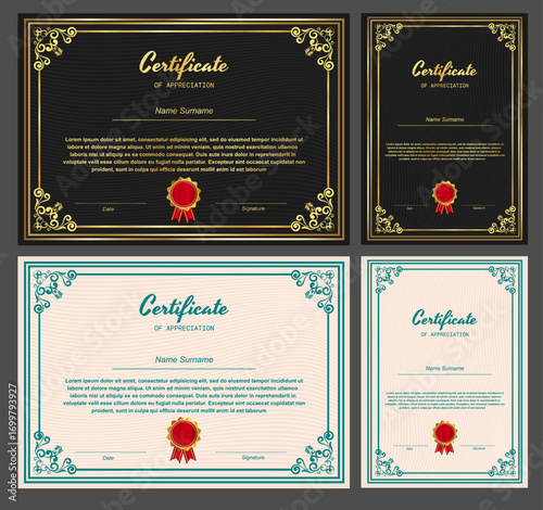 Award Certificate Design with black and cream background as options and gold frame.  Vector Illustration