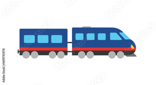 Stylized Depiction of a Blue Passenger Train with Two Cars on a White Background