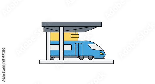 Stylized Train at Station Illustration: Depicting Modern Transportation and Travel Infrastructure with Simplified Design, for Educational and