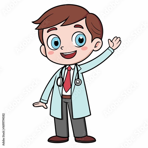 Friendly Cartoon Doctor Waving A Cheerful Greeting For Healthcare Awareness And Pediatric Services Representation In Animated Style
