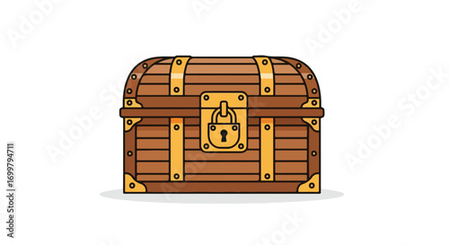 Stylized wooden treasure chest illustration with gold accents on a plain white background suggesting adventure and discovery in a lighthearted way