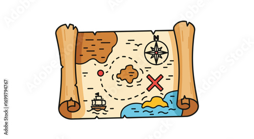 Whimsical Illustration of a Hand-Drawn Treasure Map Featuring Nautical and Cartographical Elements