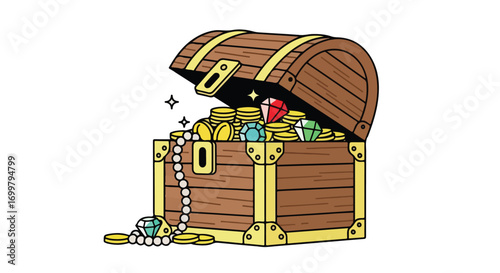 A Cartoonish wooden chest overflowing with gold coins, sparkling gems, and a pearl necklace awaits discovery of hidden pirate fortunes in a playful