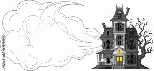 Spooky haunted house with eerie fog for Halloween designs