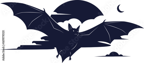 Spooky Halloween bat flying at night with crescent moon