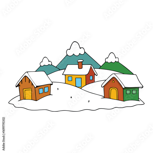 A peaceful village blanketed in snow, rooftops and trees covered in white, creating a magical winter wonderland filled with calm, charm, and frosty beauty.
