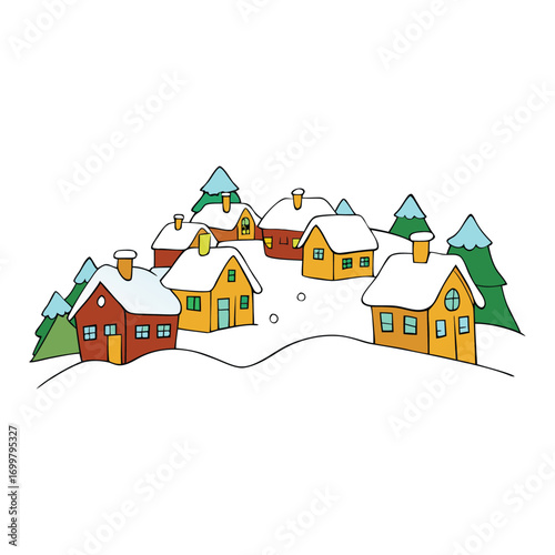 A peaceful village blanketed in snow, rooftops and trees covered in white, creating a magical winter wonderland filled with calm, charm, and frosty beauty.
