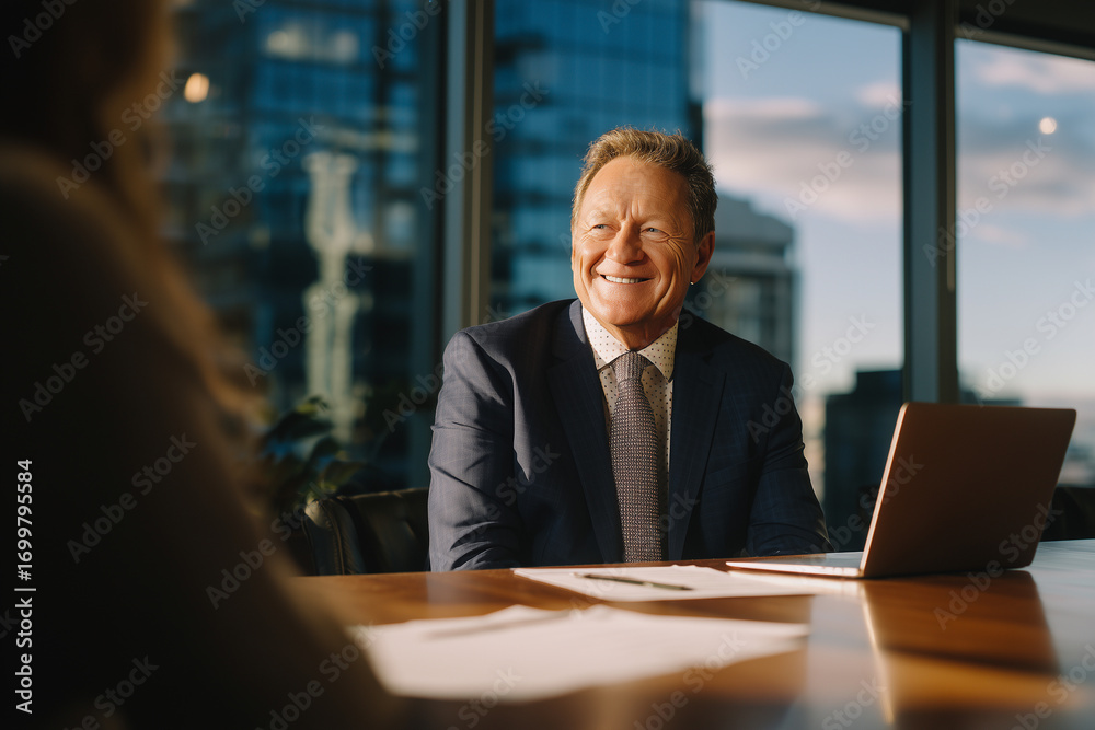 Fototapeta premium Confident senior executive smiling during a business meeting in a modern glass office with laptop and documents, city skyline visible outside