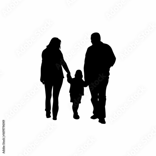 Silhouette of parents helping child cross busy road isolated on white background