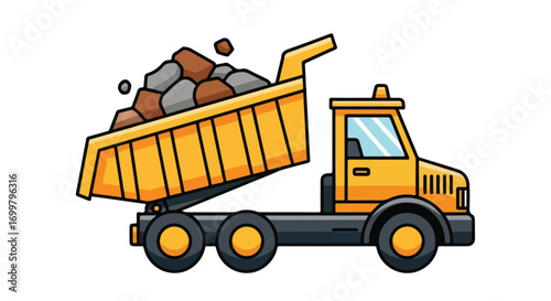 Cartoon illustration showcasing a vibrant yellow dump truck loaded with rocks, isolated against a clean white backdrop ready for construction themed