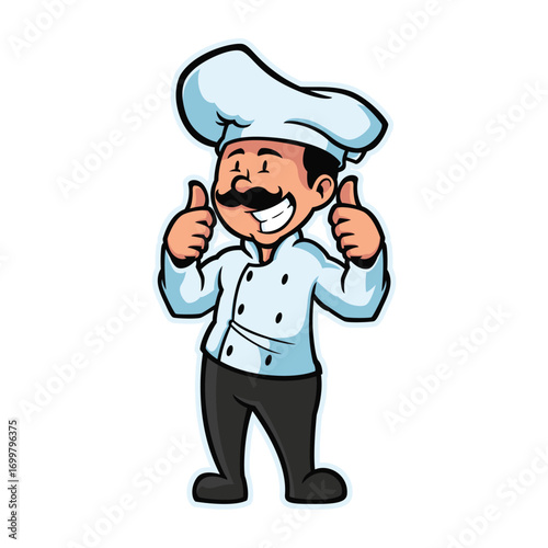 Smiling Cartoon Chef Giving Thumbs Up, Fun and cheerful cartoon chef character with big hat and mustache, smiling and giving two thumbs up, perfect for restaurant logo, menu design, or culinary brandi