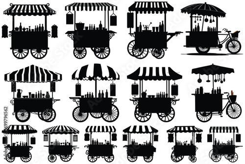 Silhouette food and drink carts with striped awnings