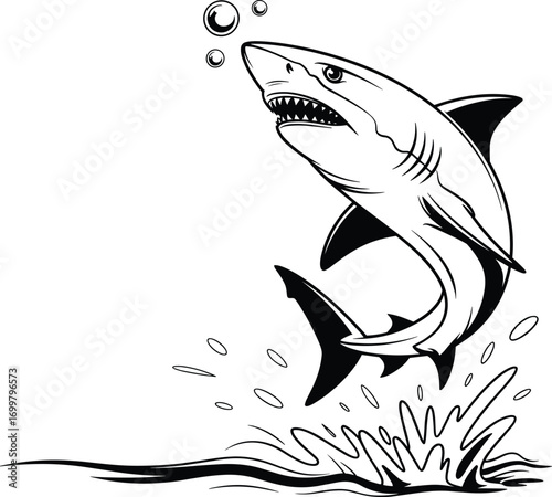 Aggressive shark jumping out of ocean water, black and white vector illustration, perfect for tattoo design, surf graphics, logos, and marine