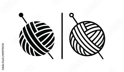Two stylized illustrations of yarn balls with knitting needles