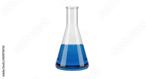 Fotografía Isolated Erlenmeyer flask with blue liquid; science lab chemistry experimentatio