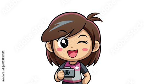 Cute cartoon girl with camera winking and smiling