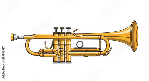 Detailed cartoon illustration showcasing the elegant design and structure of a golden trumpet on a pristine white canvas