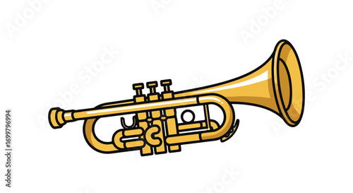 Captivating cartoon illustration showcasing a golden trumpet against a pristine white backdrop offering versatile design appeal for musical themes