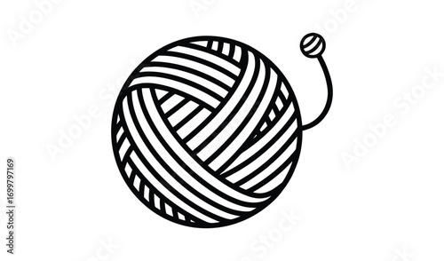 Simple black and white illustration of a ball of yarn with a needle