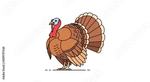 Cartoon illustration of a turkey standing on a flat surface with a simple white background creating a festive thanksgiving element
