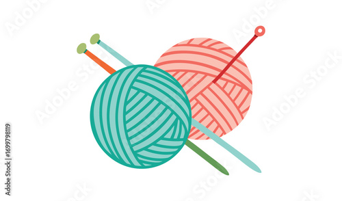 Two balls of yarn with knitting needles in teal and coral colors