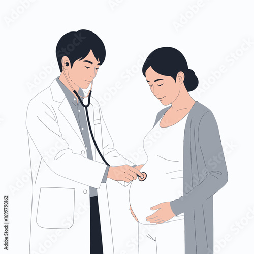 Doctor using stethoscope to check pregnant woman.