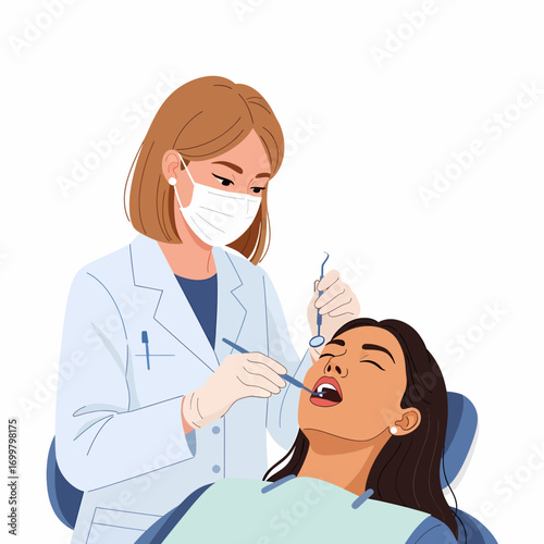 A dentist wearing a mask and gloves examines a patient's teeth in a dental clinic.