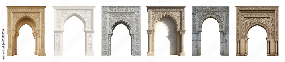 Obraz premium Islamic architecture archway set including ornate stone, stucco, and weathered designs isolated. Cultural and architectural elements.