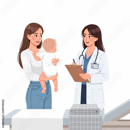 A mother holds her baby while a doctor in a white coat writes notes on a clipboard during a medical consultation.