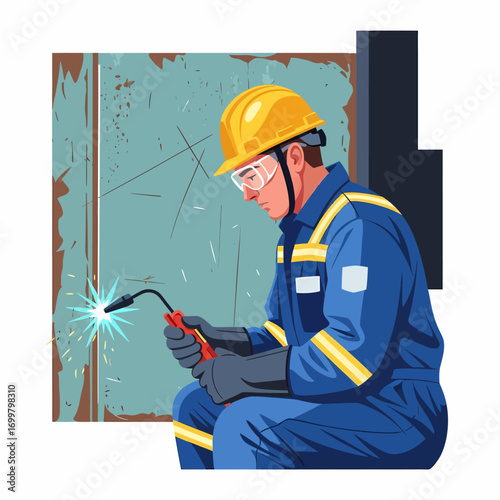 Illustration of a professional welder in protective gear using a torch to join metal plates.