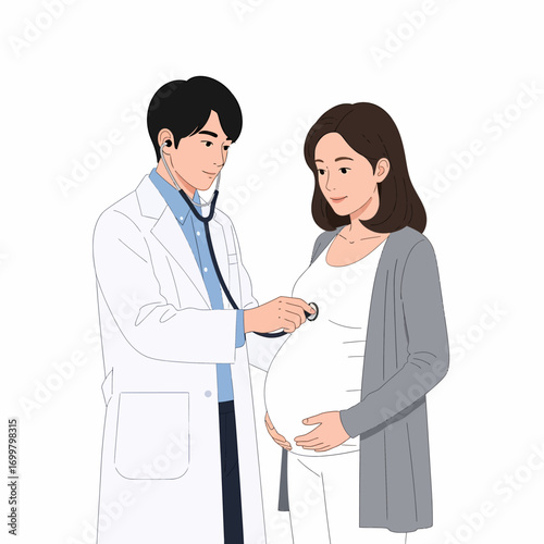 A male doctor in a white coat uses a stethoscope to examine a pregnant woman's belly.