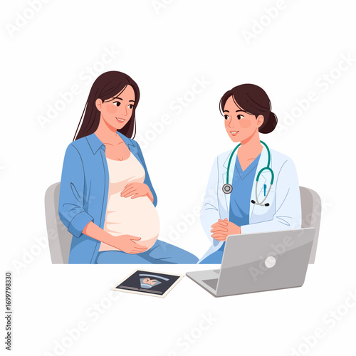 Pregnant woman consulting with doctor, ultrasound on table, laptop.