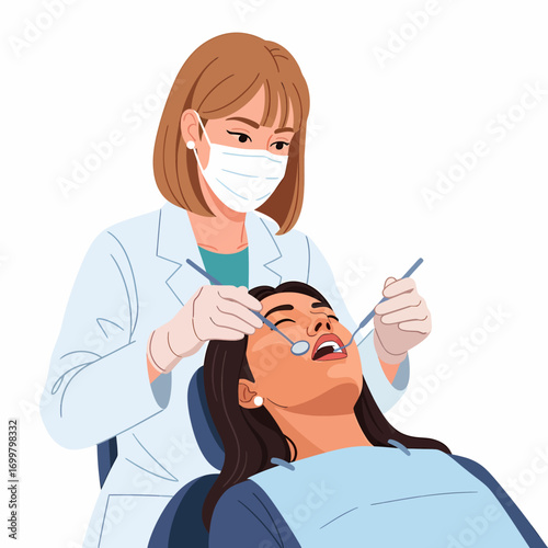 A female dentist examines a patient's mouth with dental tools.