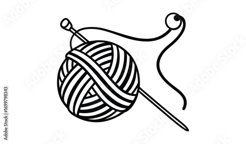 Black and white illustration of a ball of yarn with a knitting needle