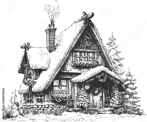 Detailed hand drawn crayon winter cottage with snow-covered roof, pine trees and rustic festive details. Vintage sketchy style Christmas house for cards.