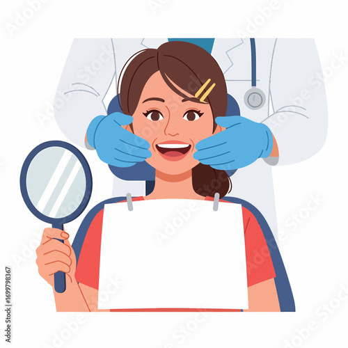 A dentist examining a smiling patient's teeth with a mirror, highlighting dental care and oral hygiene.