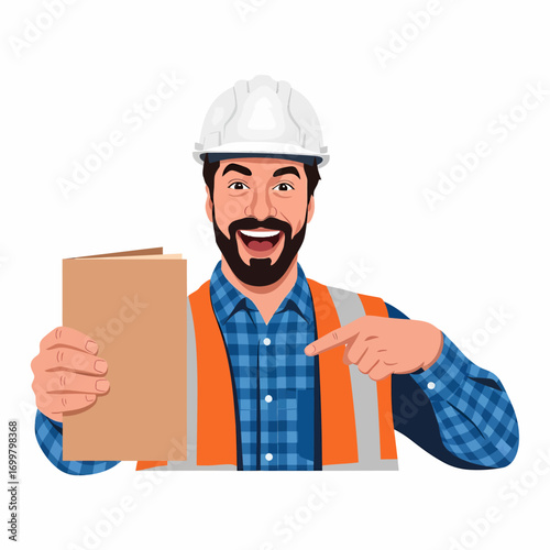 Smiling construction worker holding up instruction manual, pointing.