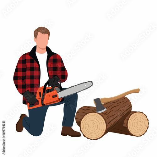 A lumberjack kneeling with a chainsaw and axe near logs.