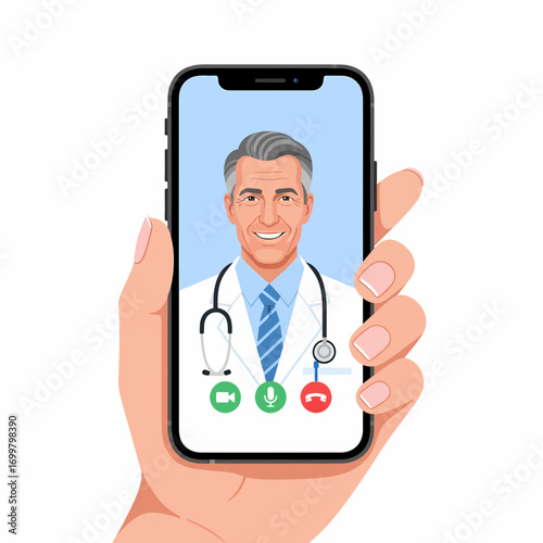 A hand holding a smartphone displaying a video call with a doctor wearing a stethoscope.