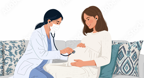 Doctor using stethoscope to check on pregnant woman.