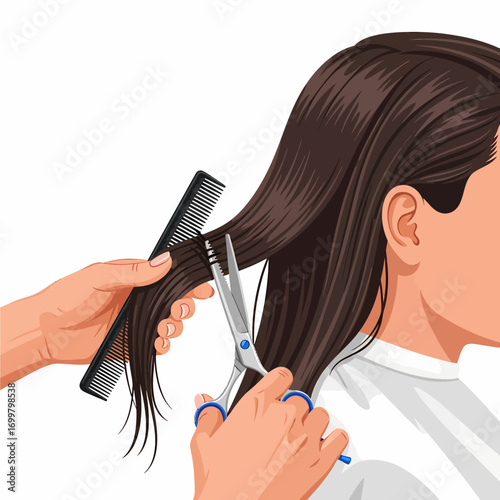 Illustration of a person getting a haircut with scissors and a comb.