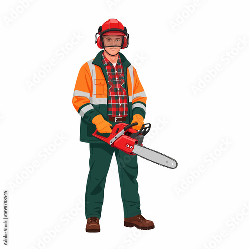 A male lumberjack or arborist in full protective gear, including a helmet and high-visibility jacket, holding a red chainsaw.