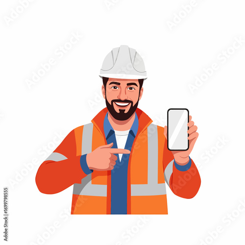 Smiling construction worker holding up a smartphone, showcasing a blank screen.