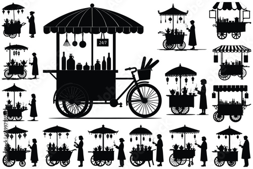 Silhouette vendors with carts bicycles and umbrellas