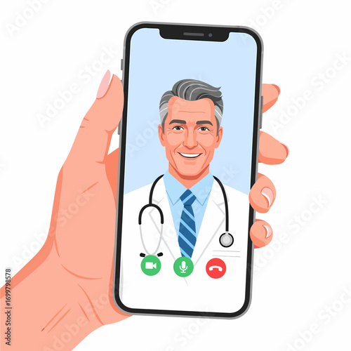 Hand holding smartphone with doctor on screen for telemedicine consultation.