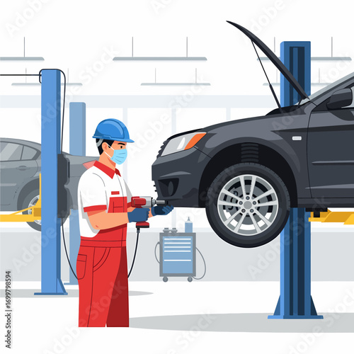 Auto mechanic wearing a protective face mask works on a car raised on a hydraulic lift in a garage.
